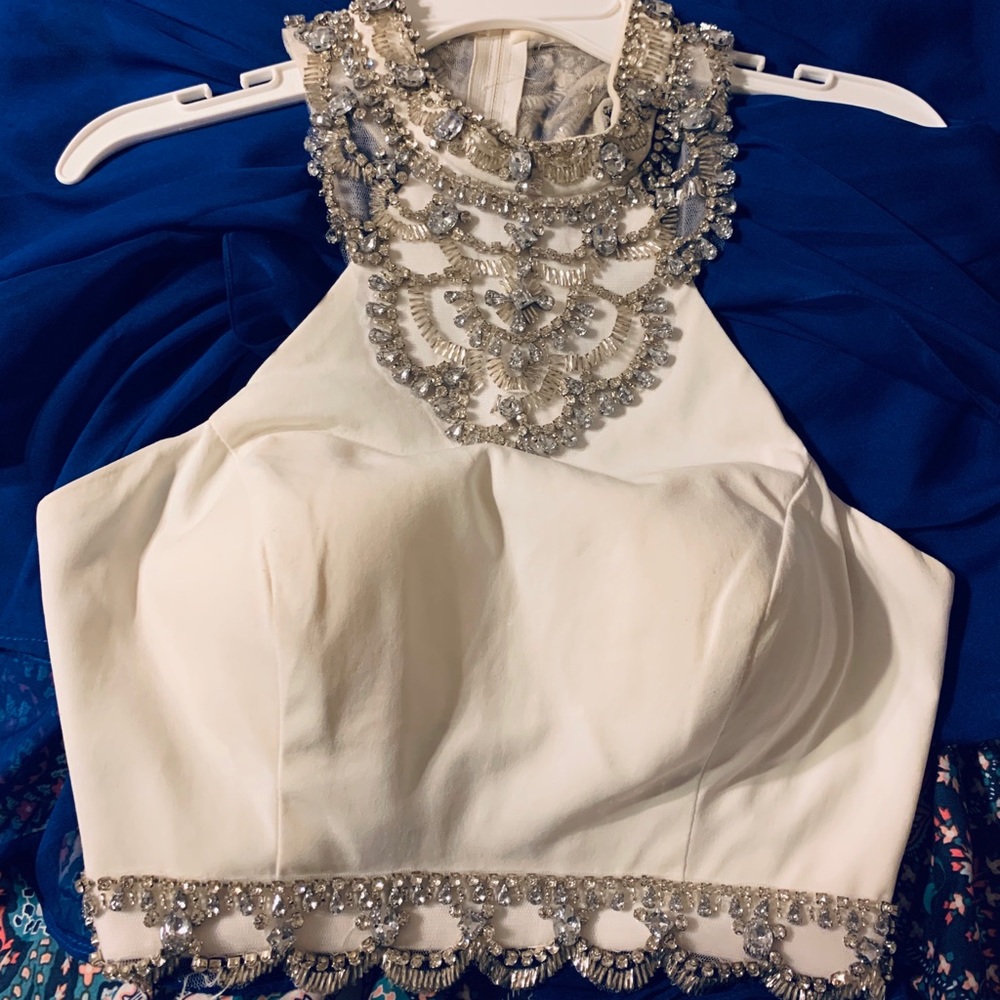 Rachel Allan 2 piece navy blue and white hoco/prom